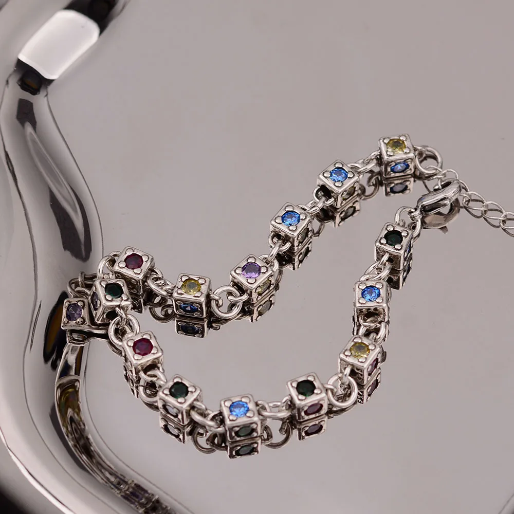 New Arrival Vintage Square Sugar Colorful Crystal Thai Silver Female Bracelet Promotion Jewelry For Women Gifts Cheap No Fade