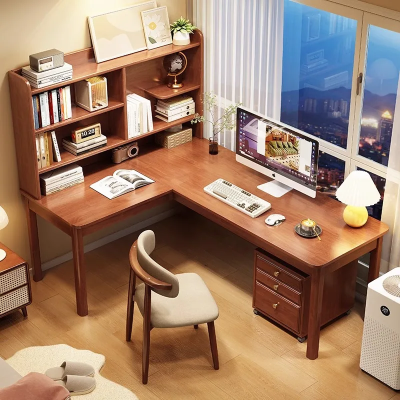 Solid wood corner desk, bookshelf, integrated table, small apartment, semi-enclosed writing desk, L-shaped computer desk, 7-shap