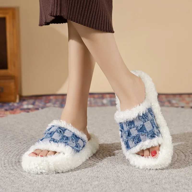 

Winter New Large Size Women's Denim Plush Slippers Home Slippers Comfortable Warm Fashionable Ladies Shoes