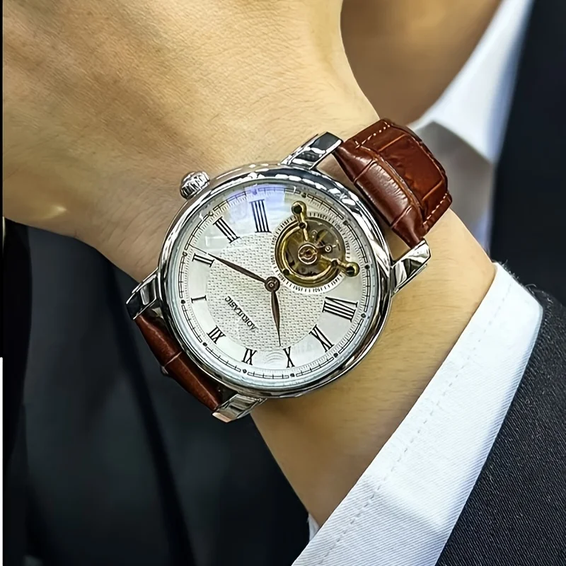 Luxury Men's Automatic Mechanical Watch - Stylish Hollow Design, Fashionable Business Casual Style, Alloy Case and Leather Strap, No Battery view 5