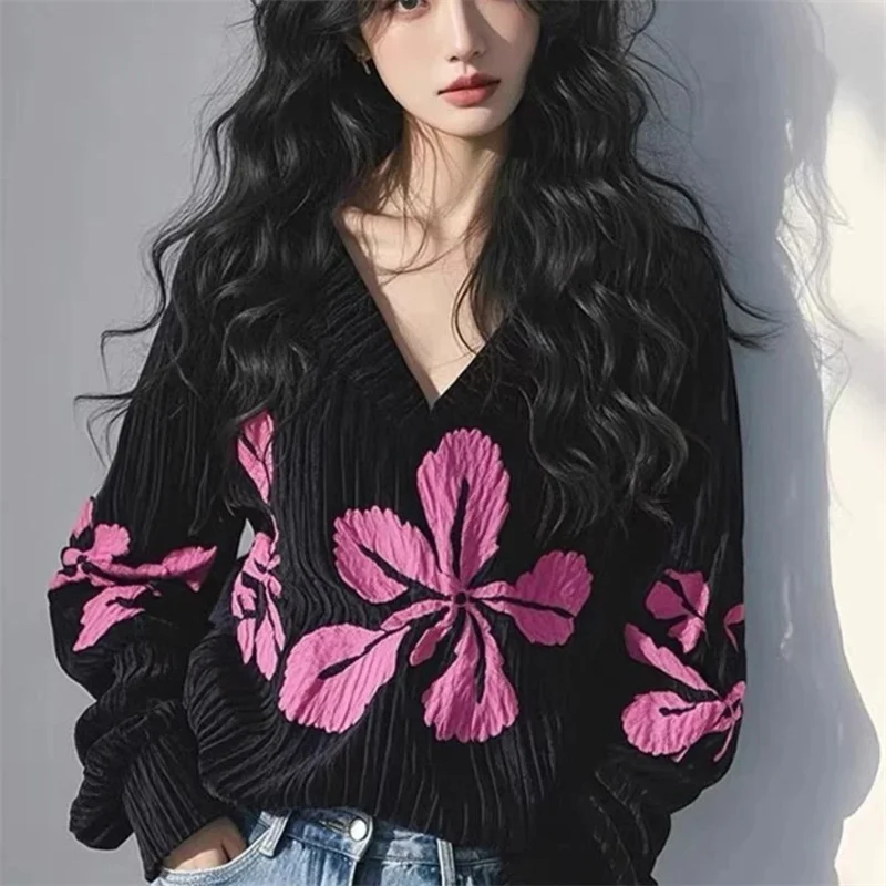 Damskie swetry dzianinowe 2026 wiosna jesień nowa kolekcja damskich czarnych swetrów z kwiatowym nadrukiem, modne luźne swetry z długim rękawem, płaszcze damskie