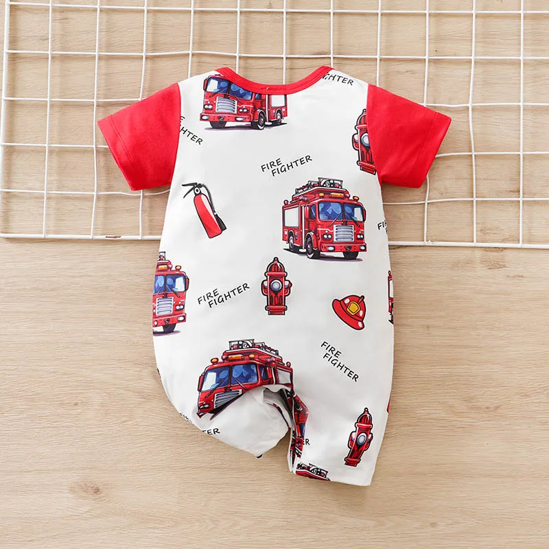 Infant Cartoon Fire Truck Romper Baby Boy Red Short Sleeve Onesie Newborn Faux Suspender Style One Piece Outfit