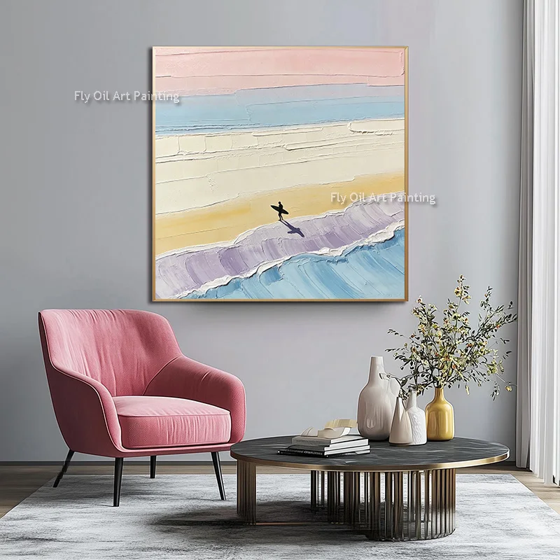 Abstract Colorful Artwork Handmade Fashional Design Light Blue White Sea Wave Brown Yellow Beach Beautiful Seaside View Oil Pain