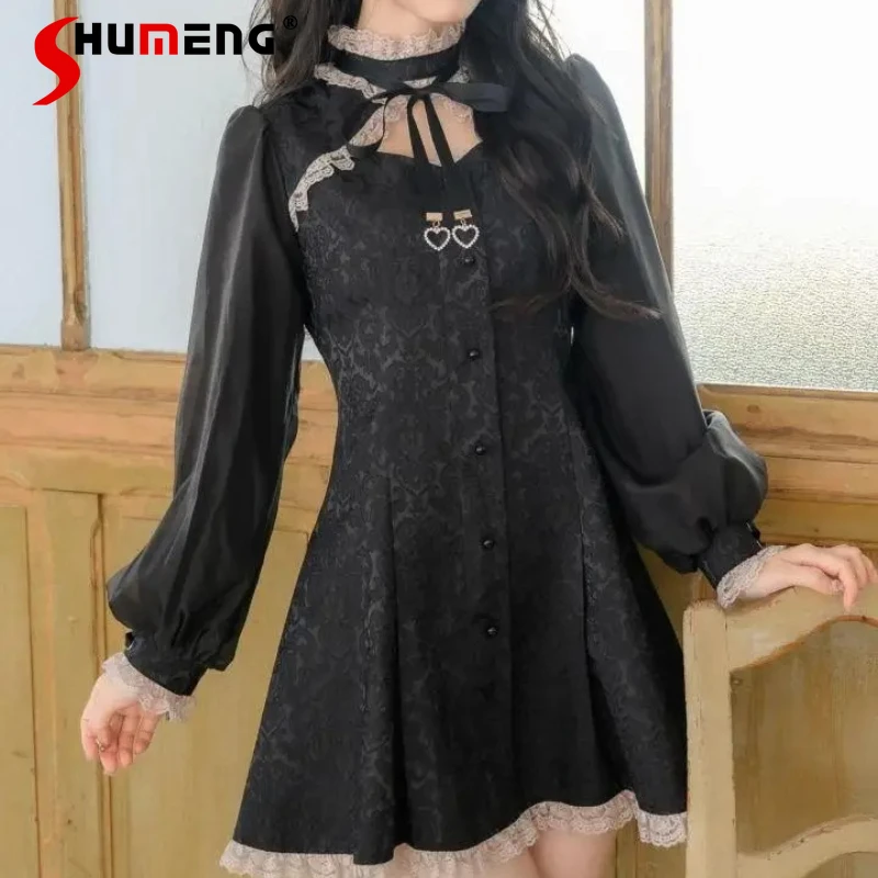 Robe Lolita japonaise foncée et Sexy, Rojita, col licou, simple boutonnage, col montant, manches transparentes, robes à taille conçues