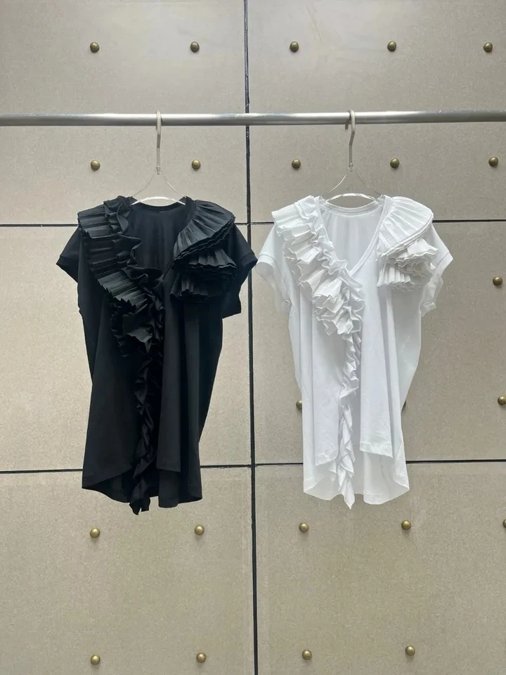 

2024 Summer Fashion New Women Asymmtrical Ruffles Casual T-Shirt Female Chic Tops 2 Color