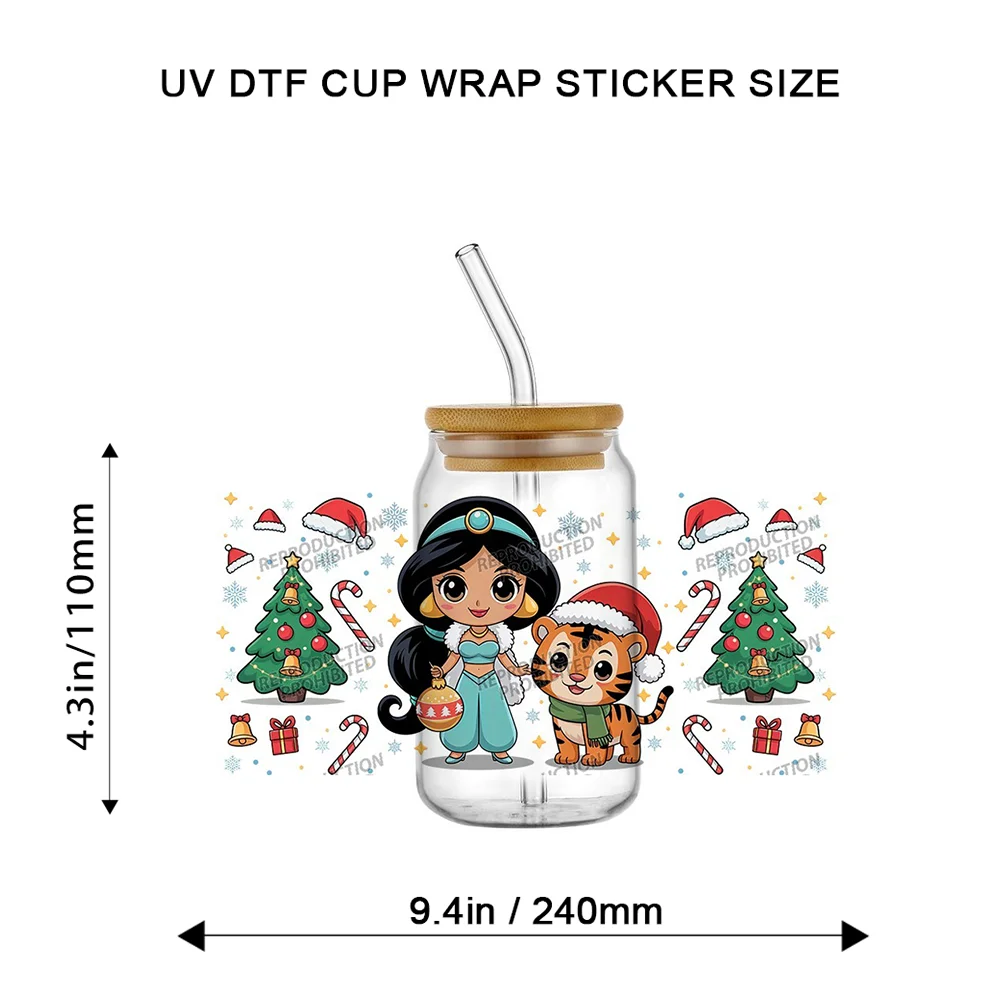 Cute Cartoon Girl Xmas Theme UV DTF Cup Wrap Transfer Sticker For 16oz Glass Can Tumbler Christmas Tree Snowflake Libbey Wrap
