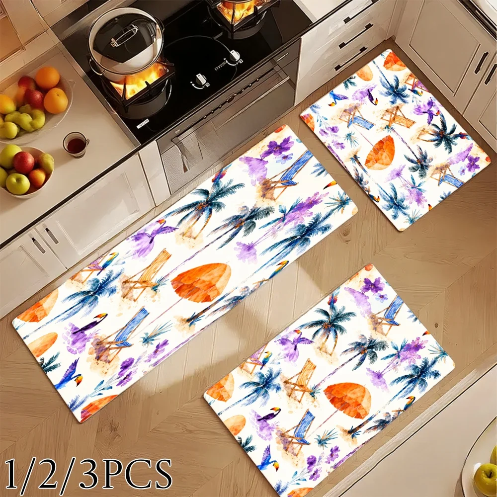 3PC Kitchen Rugs,Home Decoration for Front Door,Kitchen,Palm Trees Beach Chairs Umbrellas Sunflowers Watercolor Style Dining Mat