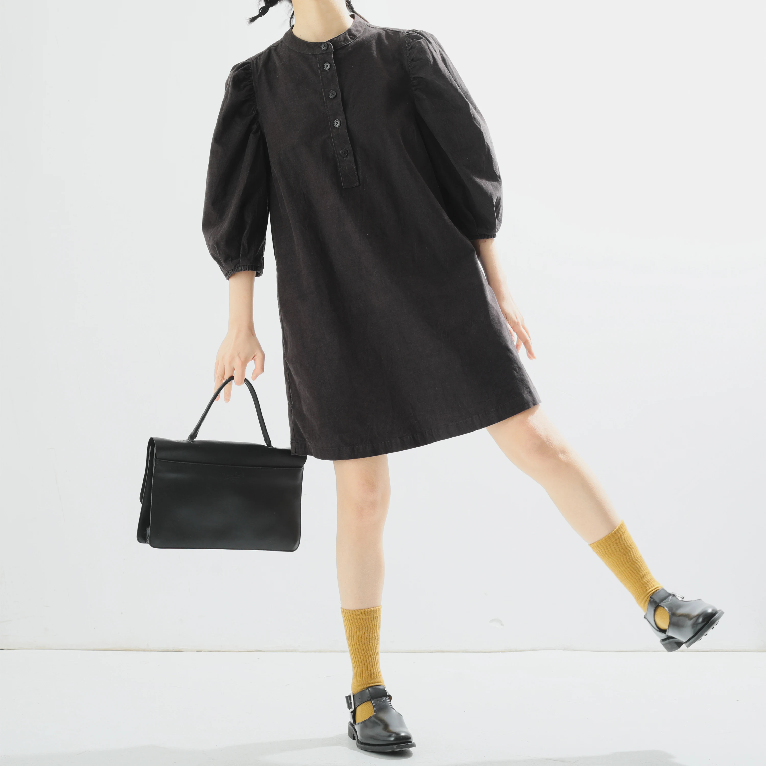 Vestido  de Corduroy com Mangas Bolha em Algodão COUDRE para Meninas, Estilo Retro, Uso Diário, Fechamento com Um Botão