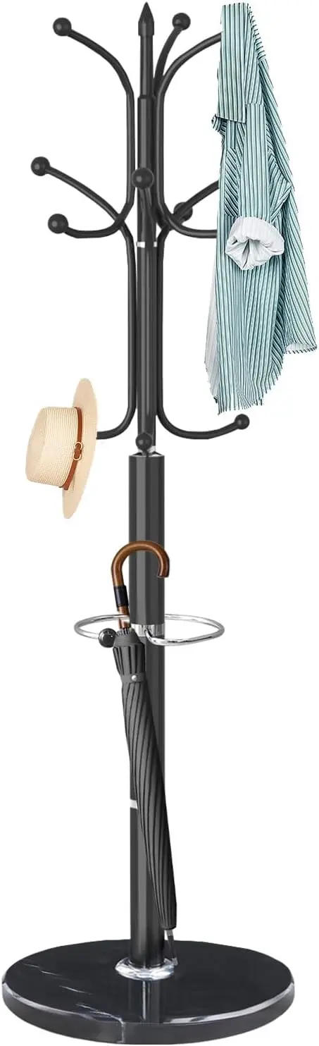 

Modern Coat Rack with Marble Base, 12 Hooks & Umbrella Holder for Entryway, Office - Sturdy Freestanding Black Stand