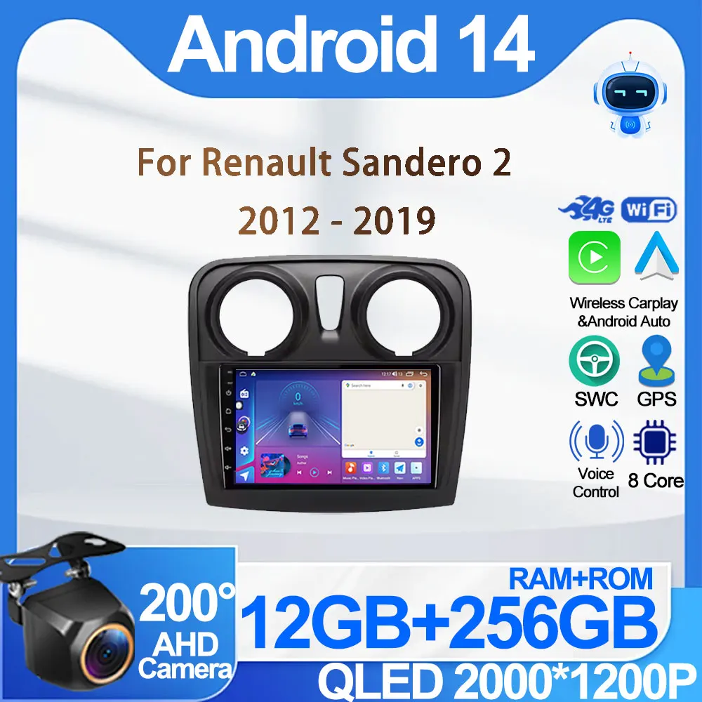 9 Inch Android 14 Car Radio Player Touch Screen For Renault Sandero 2 2012 - 2019 Intelligent System Carplay Android Auto 2din