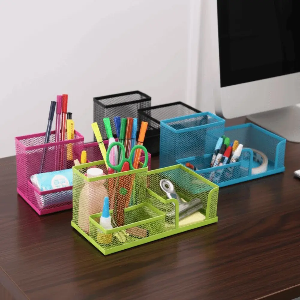 3/4 Grid Metal Mesh Pen Holder Large Capacity Creative Desk Stationery Organizer Multi-Purpose Hollowed-out Eyebrow Pencil Rack