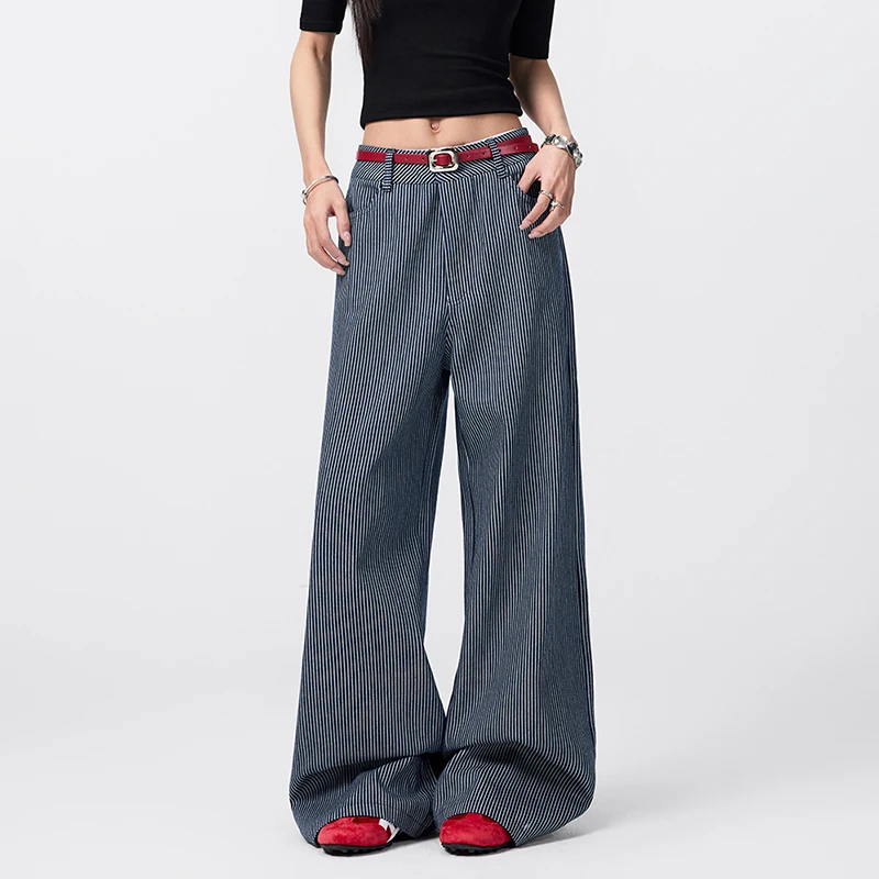 جديد 2026 F/W جينز مخطط جديد عالي الخصر للنساء بنطال جينز واسع الساق ملابس غير رسمية كلاسيكية جيب بسحاب بنطلون نسائي