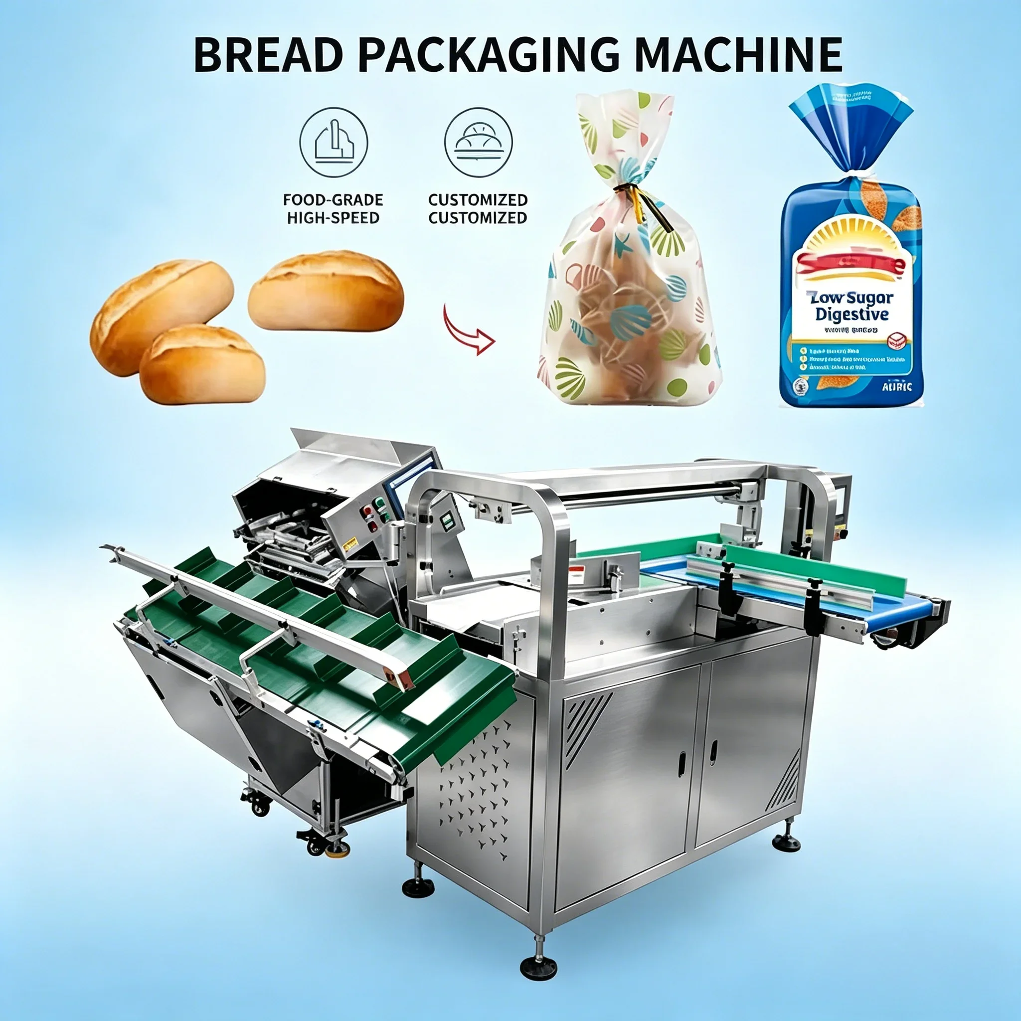 Factory Price Fully Automatic Bread Packaging Machine Plastic Bag Blowing Machine and Twist Tie Sealing Machine