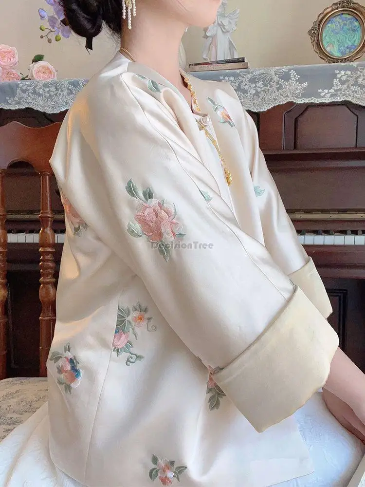 2023 chinese style embroidery flower blouse female spring new tang suit national tide improved disc buckle half sleeve loose top