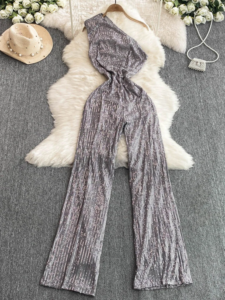 

iny Sequin Jumpsuit Women's Faion oulder Slanting Slimming High Waist Pants Commute Sle Wide Leg Long Pants