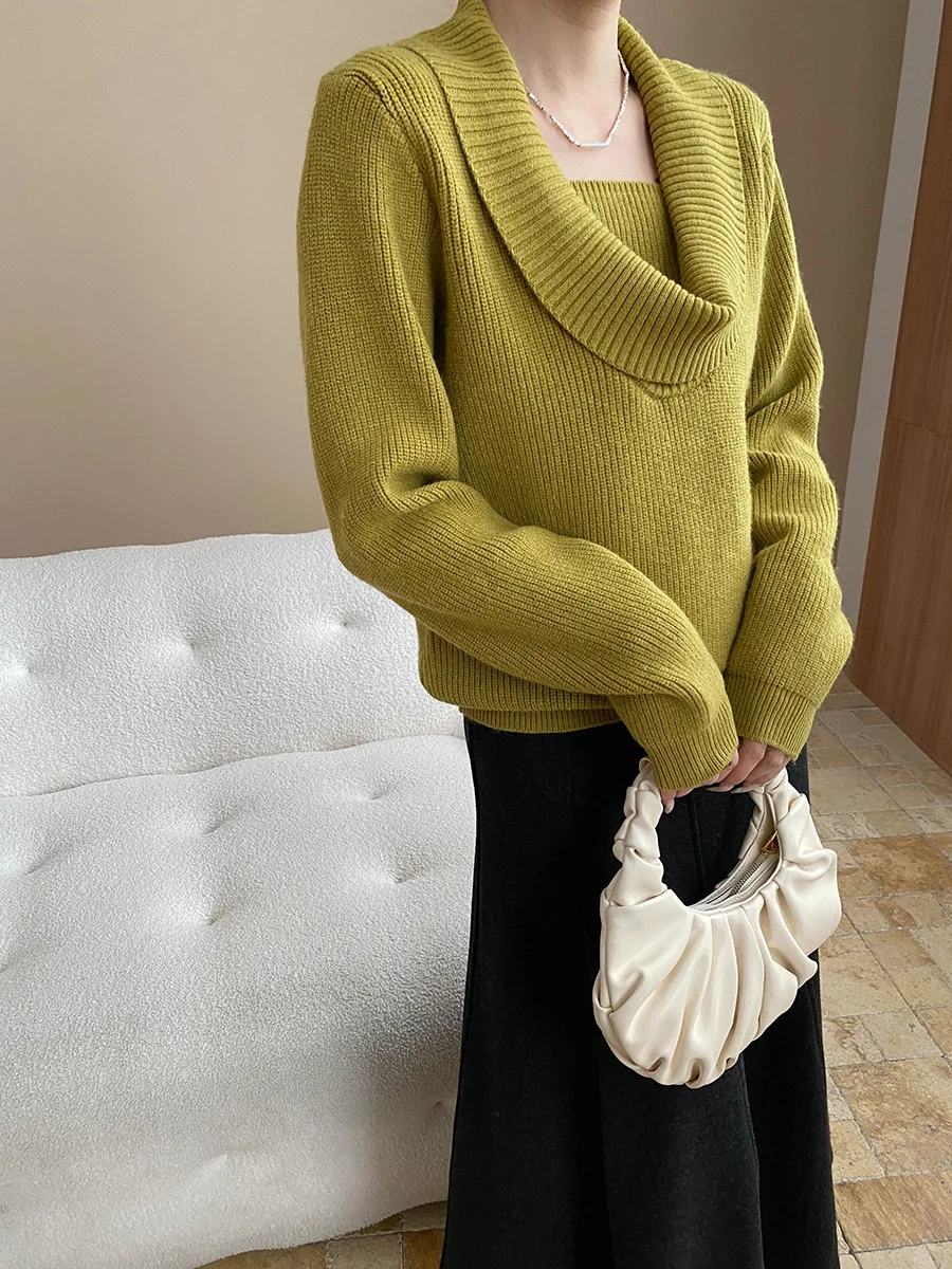 

Women's casual solid color French design, niche, loose neck, slimming sweater, knitted sweater
