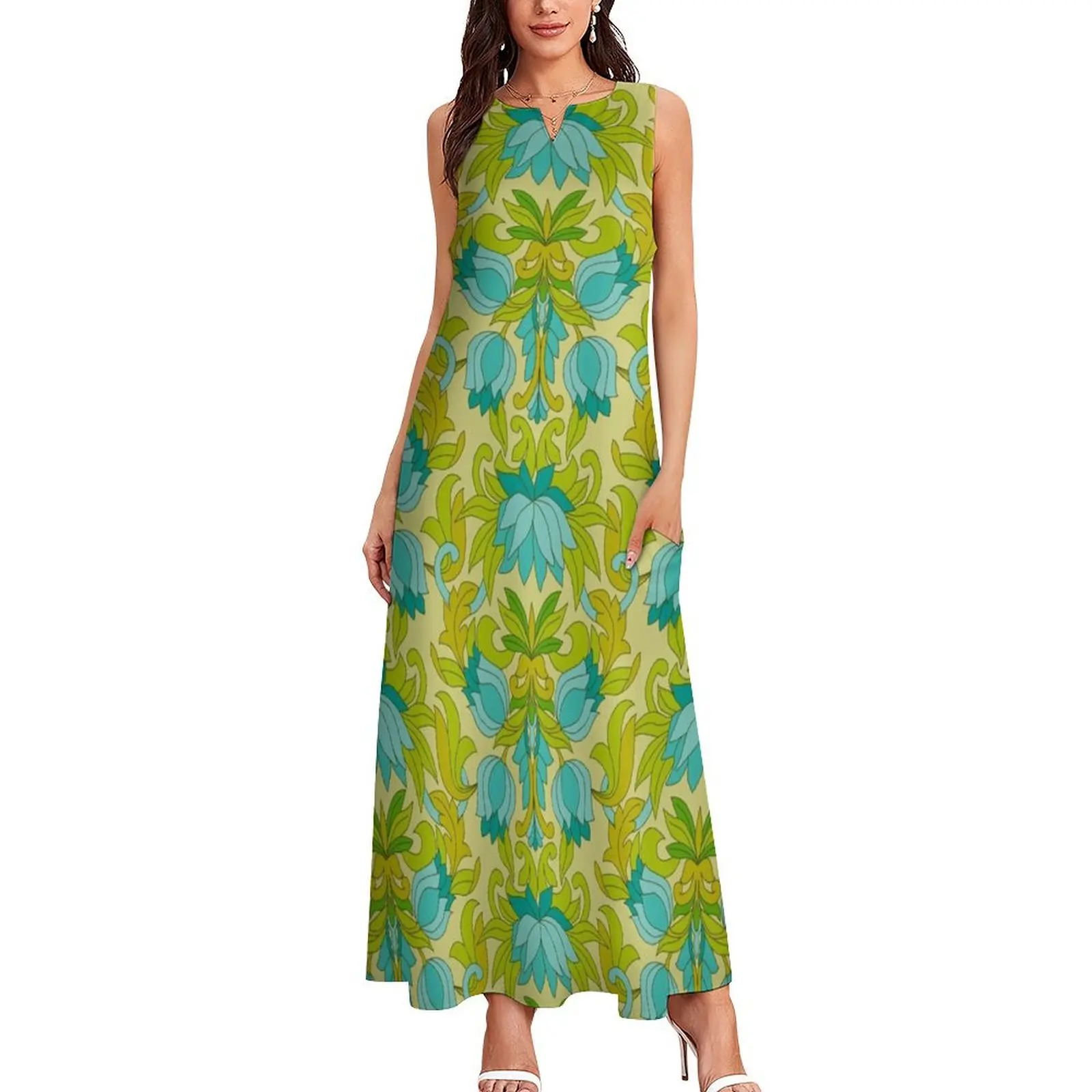 Turquoise and Green Leaves 1960s Retro Vintage Pattern Long Dress summer dress Women long dress prom dresses dresses for woman