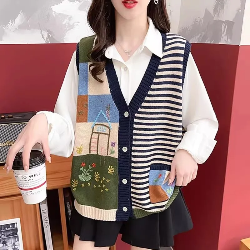 

Осень-зима 2025 г., кашемировый вязаный кардиган, жилет, женский корейский вариант, свободный свитер в стиле ретро с граффити, куртка W759