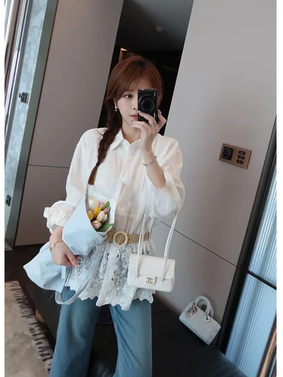 

Льняная рубашка Mimius Commute Sle с эффектом похудения, с поясом, вышивкой и пэчворком, женская, модная, весенняя, с длинным рукавом