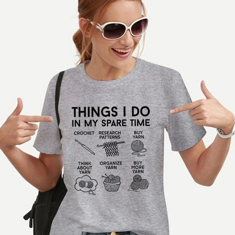 Things I Do in My Spare Time T-Shirt Women Funny Crochet Graphic Casual Tops Gifts for Crocheter Funny Crochet Women\'s T-shirts