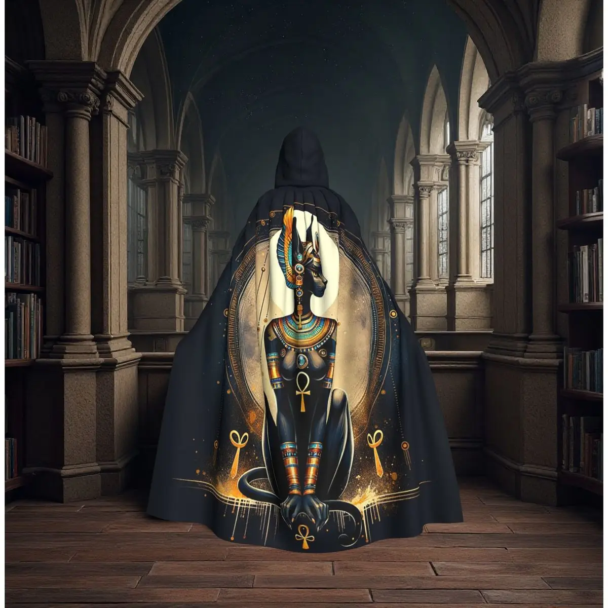 

Ancient Egyptian Cat Bastet Lioness Goddess Long Hooded Cloak Witch Medieval Costume Cosplay Cape HalloweenParty Adult Unisex