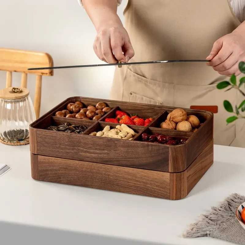 New Chinese Style Black Walnut 4 Compartment Snack Box with Lid Retro Simple Living Room Dried Fruit Plate