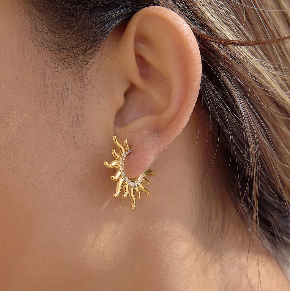 Ars Stainless Steel Sunburst Hoop Earrings for Women 18k Gold Plated Open Hoop Earring Statement Earring Non Tarnish Earrings