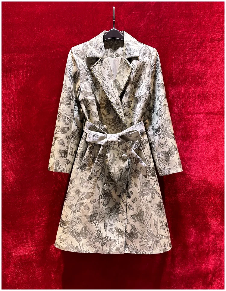 Europe and the United States women's 2024 winter new Long sleeve suit collar butterfly print fashion Belt trench coat XXL