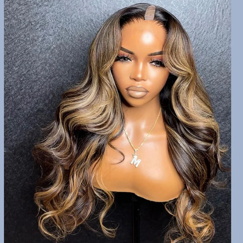 Highlights Chestnut Blonde Loose Wave V Part Wig 100% Human Hair Ombre Chocolate Brown Long U Shape Remy Wigs Full End For Women