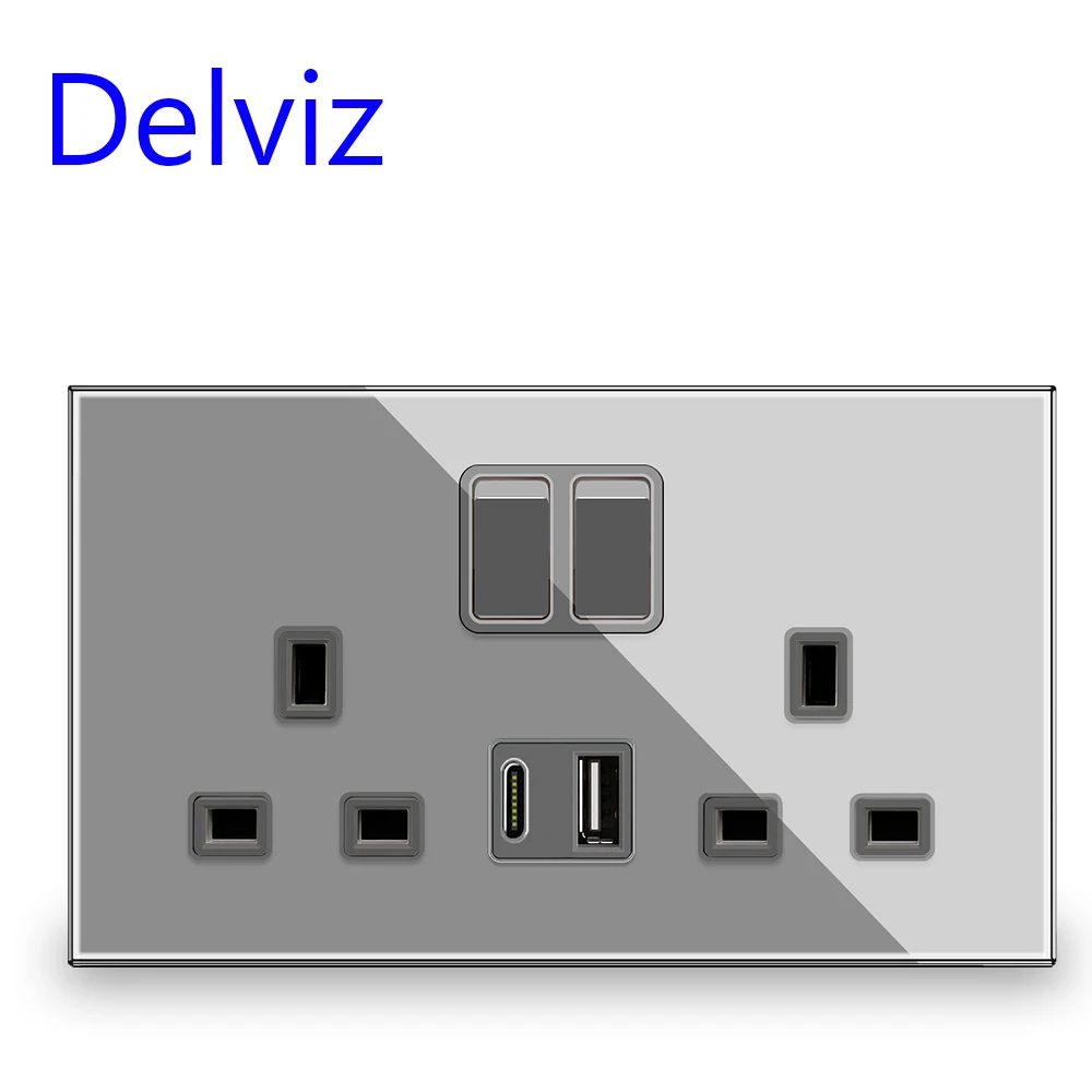 Delviz Crystal glass USB Socket, Switch control socket,18W Type-C Ports 3A Quick charge,UK standard 13A Wall Double Power Outlet