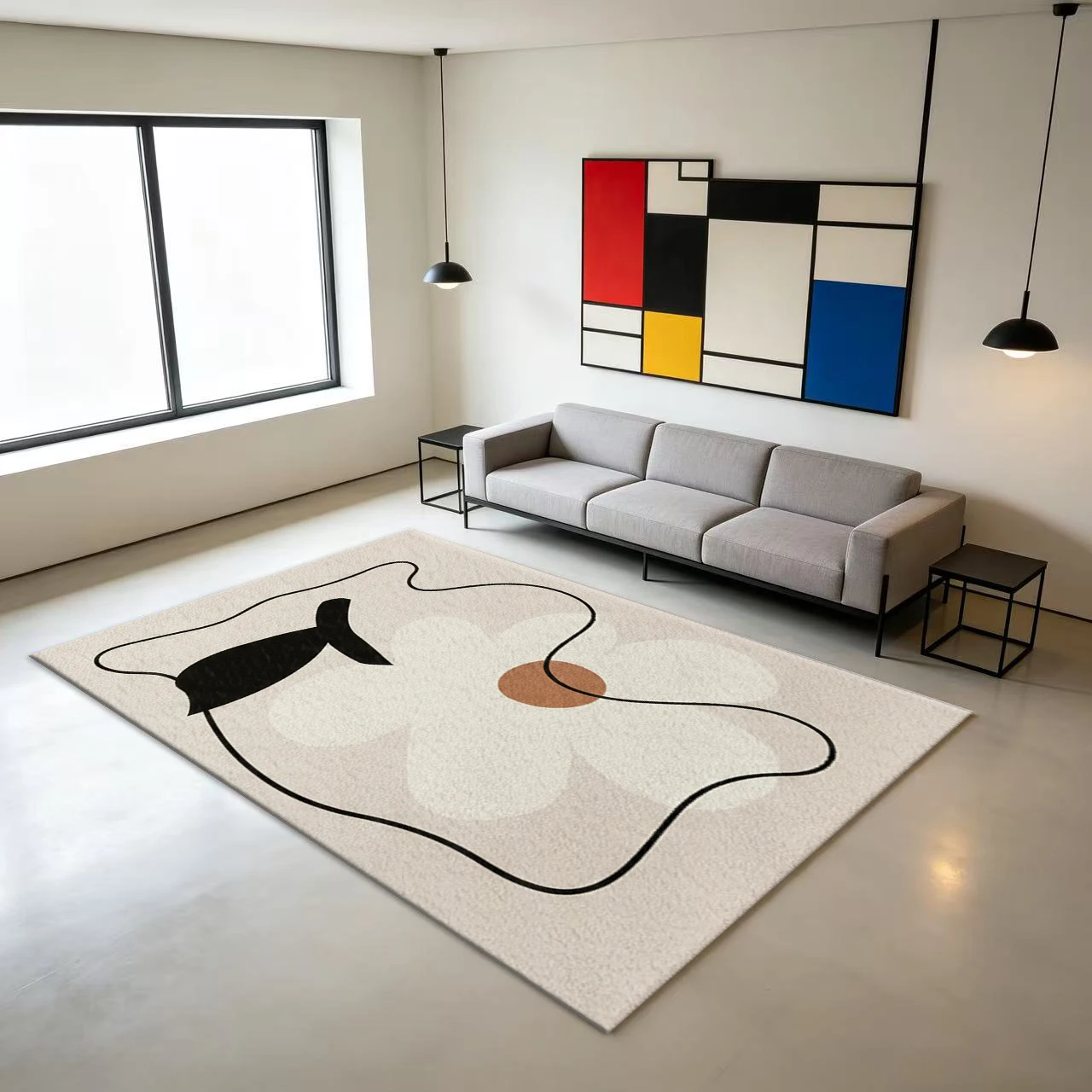 Abstract Line Flower Carpet Flooring Minimalist Style Decor Rug for Household Living Space