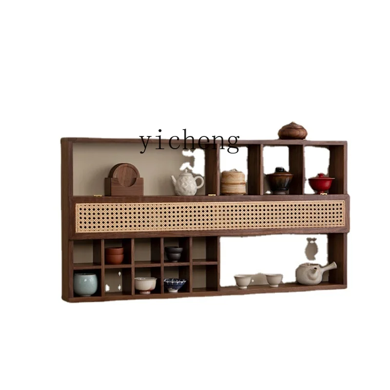 Zf Rattan Solid Wood Duobao Pavilion Shelf Living Room and Tea Room Cup Holder Wall-Mounted Antique Shelf