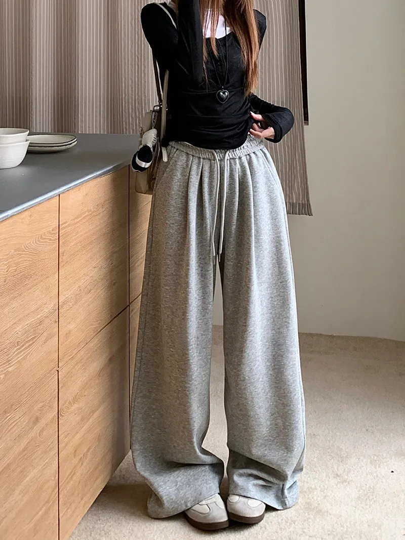 Autumn and winter drawstring elastic high waisted casual wide leg pants for women
