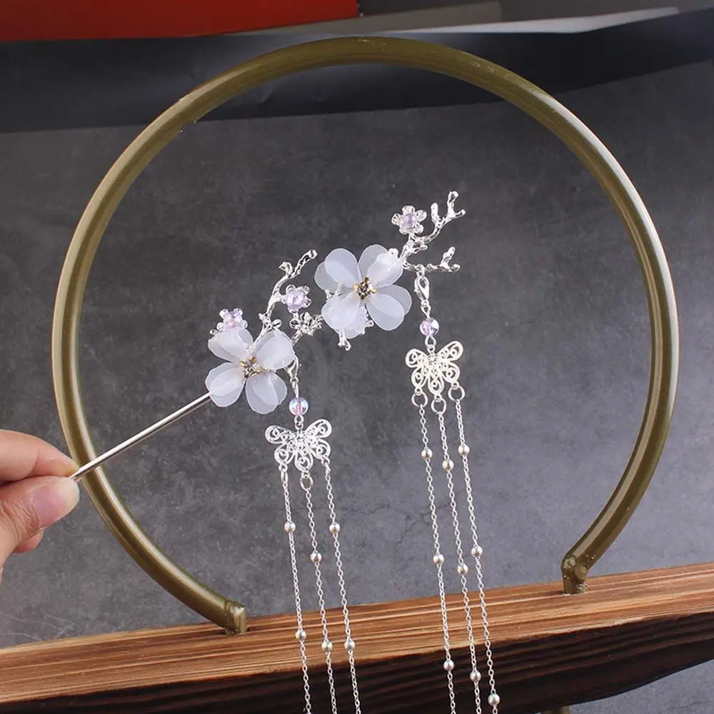 Fashion Butterfly Beads Rhinestone Plum Blossom Branch Hair Fork Tassel Hairpin Hanfu Hair Accessories Flower Hair Sticks