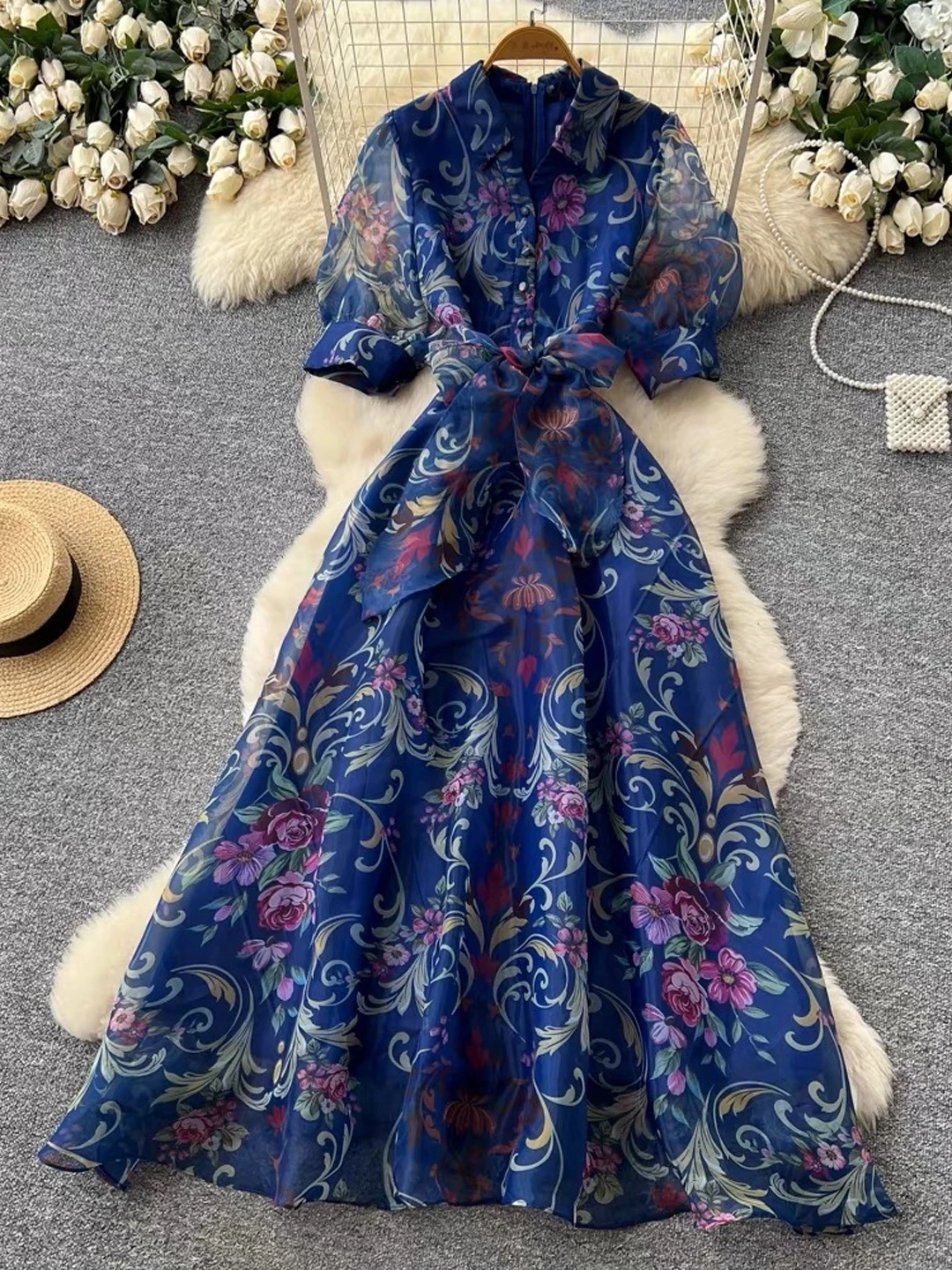 Romantic Vintage Print Long A-Line Skirt with Belt High Waist Five-Quarter Sleeve Stand Collar Performance Dress Women