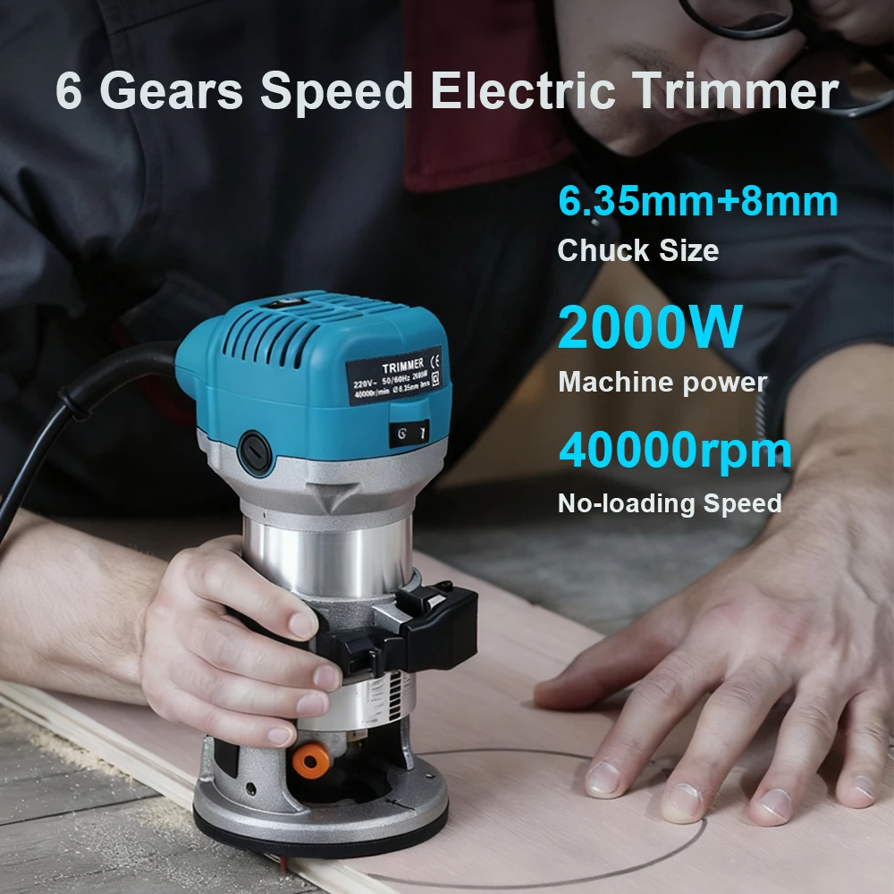 220V Wooden Router Wood Trimmer Machine 6 Speeds Adjustable Electric Hands Trimmer Carpentry DIY Tool 2000W Woodworking Trimming