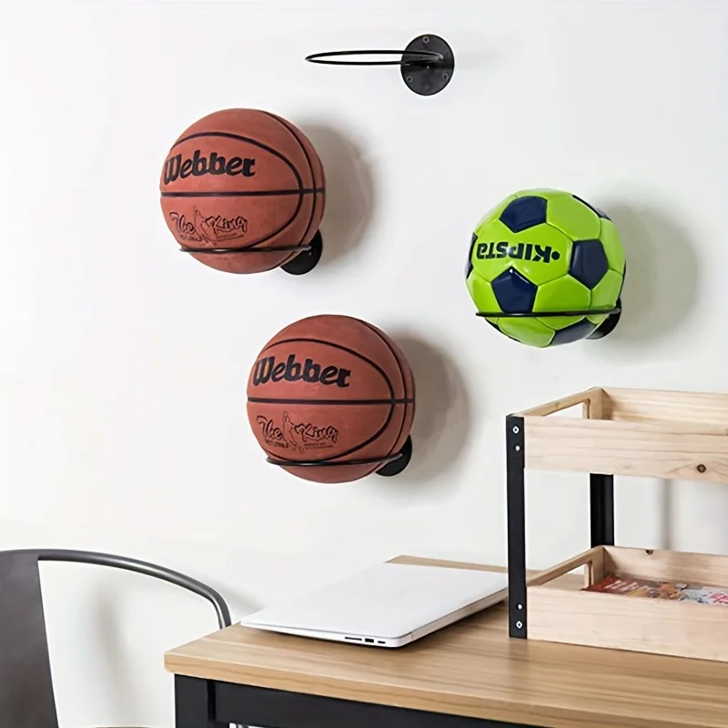 Black metal wall mounted sports ball display rack, basketball, football, volleyball, wall storage rack room decoration