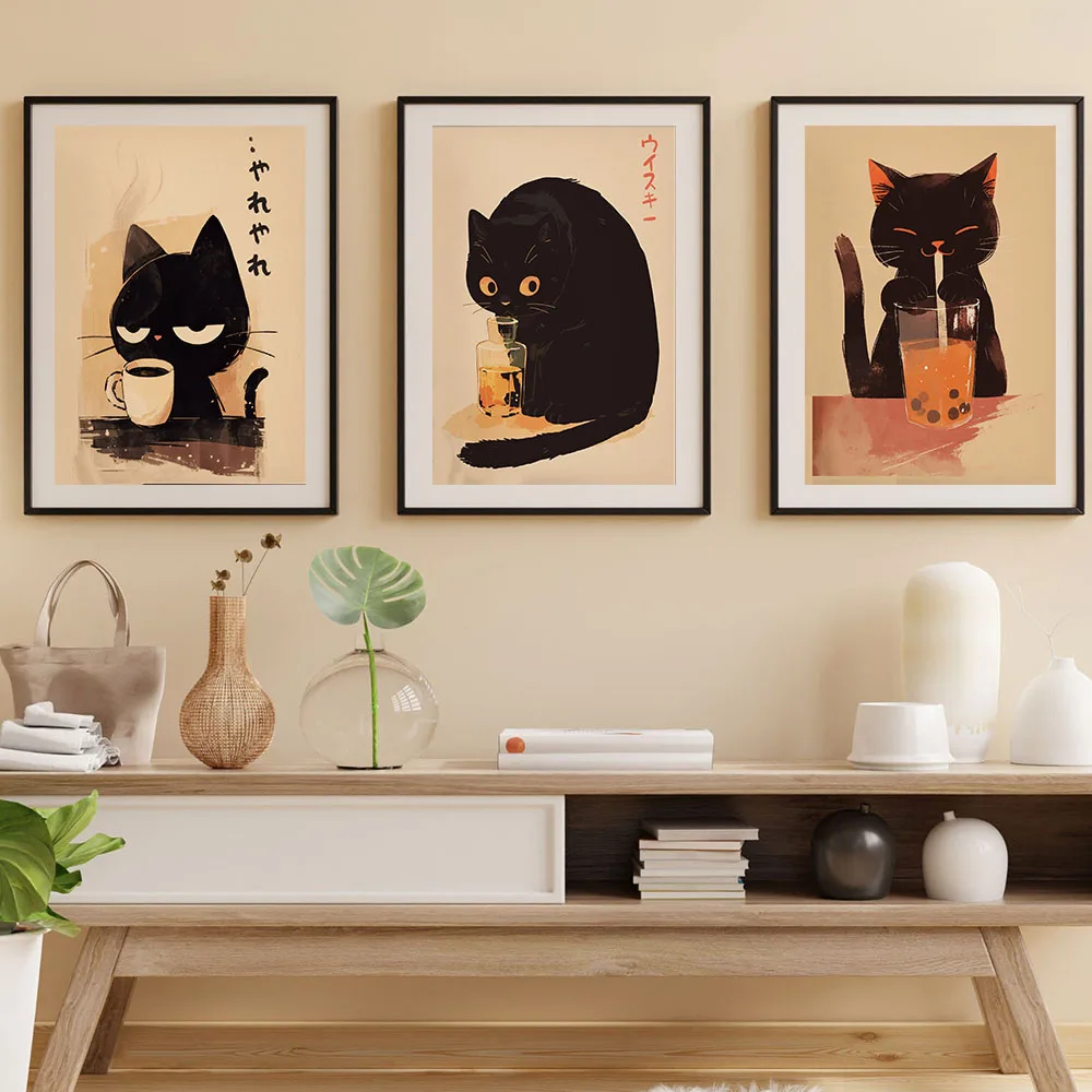Póster moderno y divertido de gato, bebida, cóctel, café, té de burbujas, lienzo impreso, arte de pared, decoración de habitación, sala de estar, cocina, decoración del hogar