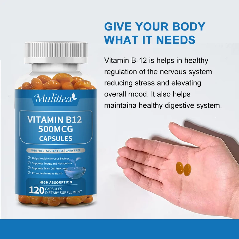 Mulittea Vitamin B12 Capsules Help Relieve Fatigue Improve Digestion Reduce Stress &Relieve Anxiety Immune System Energy Support