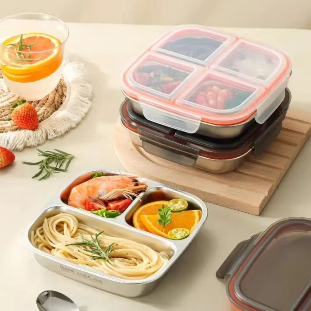 3/ 4 Grids Stainless Steel Lunch Box Leak Proof Sealed Food Container 600ml Capacity Reusable Student Meal Plate Microwave Oven