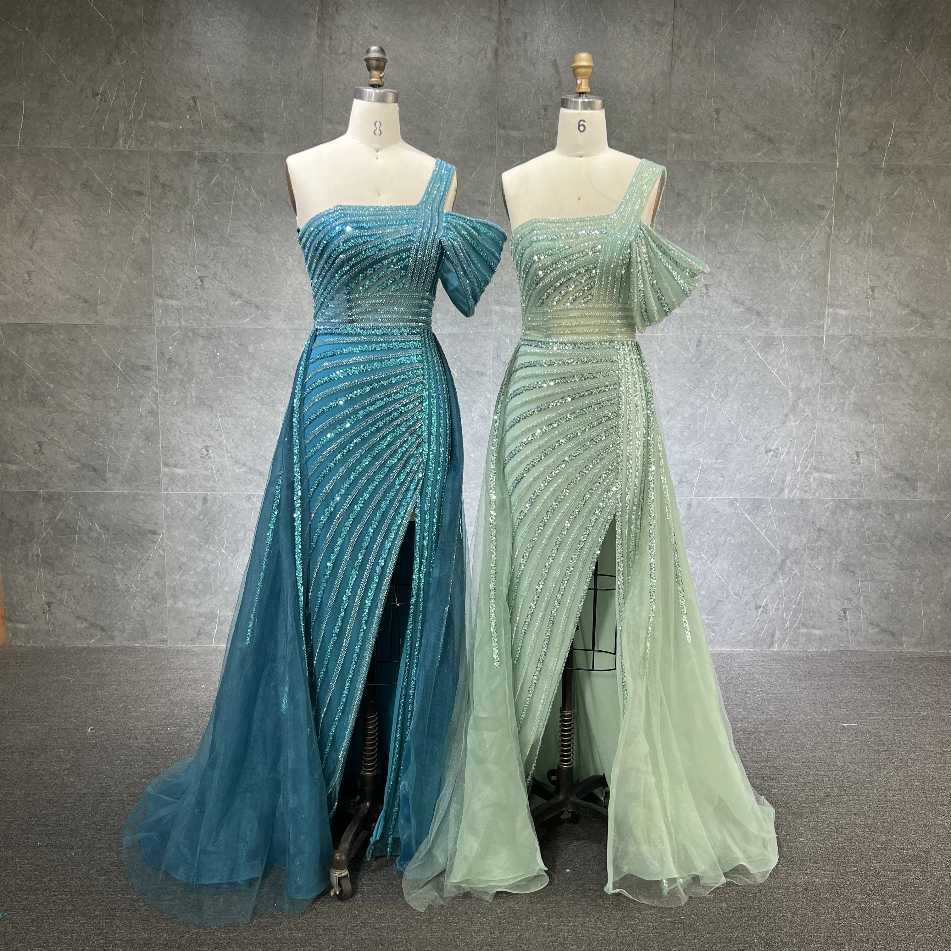 Turquoise One Shoulder High Split Sexy Evening Gowns Mermaid Elegant Luxury Beaded Organza Party Dresses