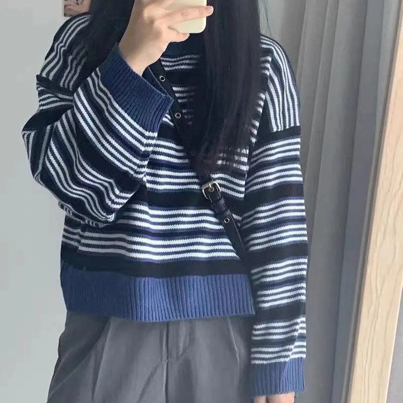 Niche Naval Academy Contrast Color Striped Sweater Women Korean Style Ins Versatile Loose Lazy Long Sleeve Top Women y2k tops