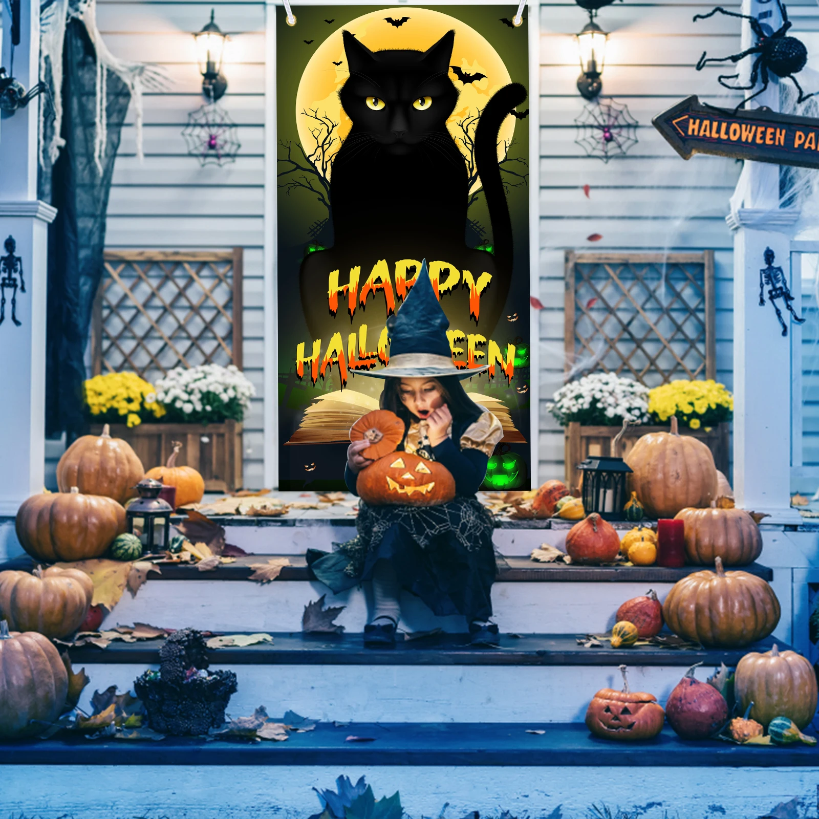 Halloween Black Cat Door Banner, Scary Cat Halloween Door Decorations,for Halloween Party Supplies Horror Decor Backdrop