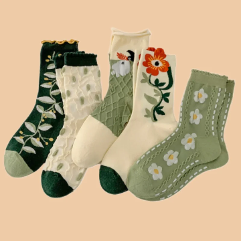 

3/6 Pairs Top Quality Mid-tube Socks Retro College Style Forest Three-dimensional Flower Breathable Women's Casual Socks