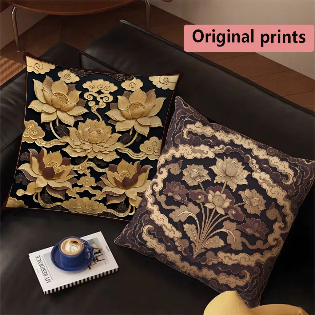 Vintage Luxury Lotus Square Pillow Covers Pattern Cushion Cover Suitable for Sofa Bedroom Car Pillow Cover
