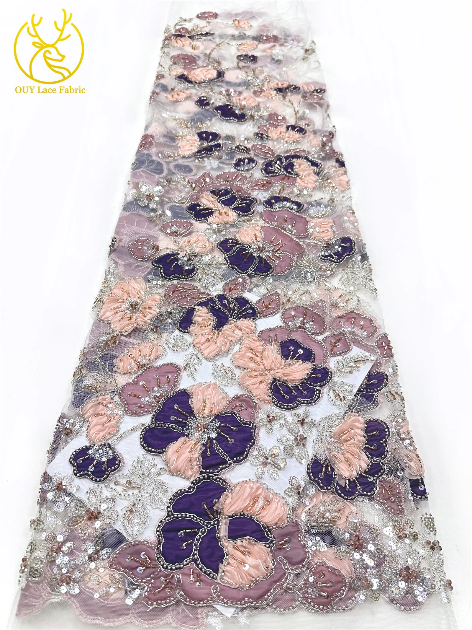 Afrikanischer Spitzenstoff, hochwertige französische Blumenstickerei, Perlen, Pailletten, Tüll, Netzspitze für Frauen, Hochzeitskleid, Nähen, 5 Yards – Detail 14