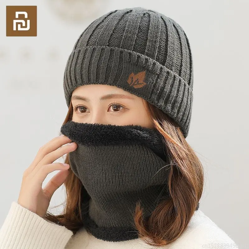 Youpin-gorro de punto Unisex, bufanda con patrón de hoja de arce, forro grueso, traje de terciopelo, Color sólido, novedad de 2022