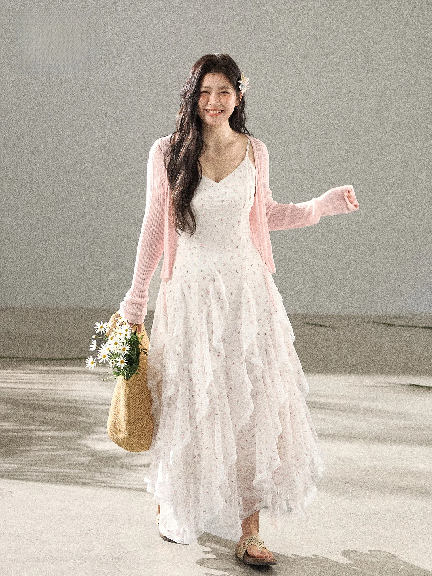 

Ele Pink Floral Long Dr Strapl Korean Sle High Waist Spring Season Casual Wear White Fraant Flower Print Gown