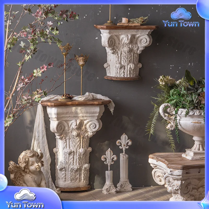 French Vintage Wall Decor Half Round Entry Table Roman Column Floor Sculpture Solid Wood Shelf Relief for Home Decor