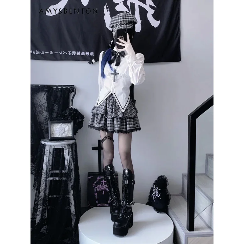 

25COSGothic Dark Girl Jk Униформа Юбка Комплекты Sweet Cool Subculture Короткий блейзер Рубашка с длинными рукавами Мини-юбка Комплект из трех предметов для женщин